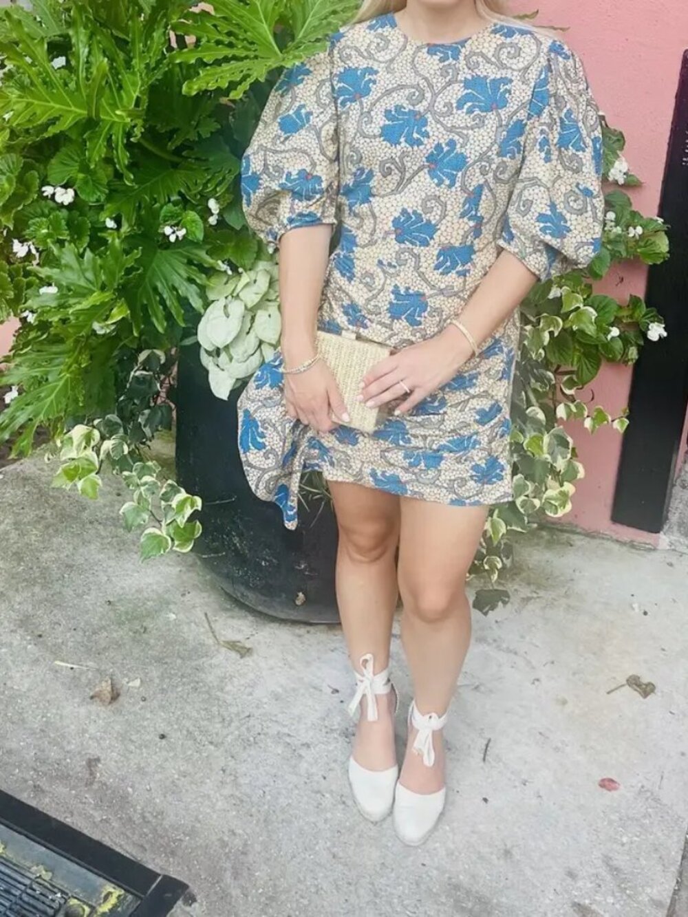 RHODE Pia Draped Mini Dress Mosaic Blossom Ruched w/ Side Ruffle, Puff Sleeves - Picture 9 of 11